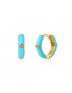 Pendientes aros cubiertos de esmalte turquesa y circonita blanca. Pendientes de plata con baño de oro.