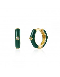 Pendientes aros cubiertos de esmalte verde oscuro y circonita blanca. Pendientes de plata con baño de oro.