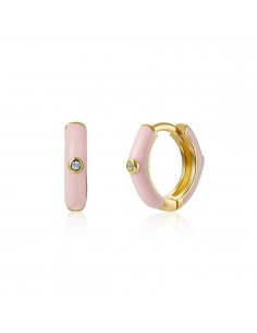 Pendientes aros cubiertos de esmalte rosa y circonita blanca. Pendientes de plata con baño de oro.