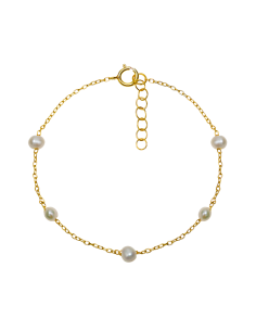 Pulsera con cinco perlas redondas y cadena muy fina. Pulsera de plata con baño de oro de Nube Jewels.