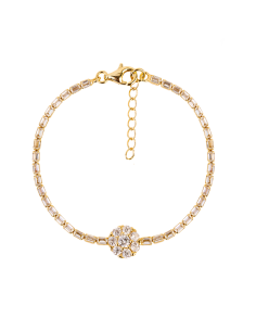 Pulsera con circonitas baguette y un motivo de flor de circonitas redondas. Pulsera de plata con baño de oro de Nube Jewels.