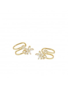 Manguito de la oreja con flor y una circonita blanca redonda. Ear cuff elegante y de plata con baño de oro.