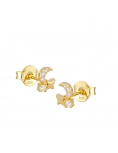 Pendientes luna y estrella con circonitas blancas. Pendientes de plata con baño de oro.