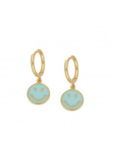 Pendientes aros lisos con un colgante de carita y esmalte turquesa. Pendientes de plata con baño de oro.