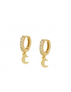 Pendientes aros con circonita blanca y un colgante de luna lisa. Pendientes de plata con baño de oro.