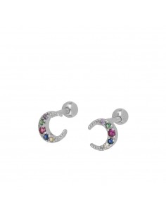 Piercing do ucha w kształcie księżyca z kolorowymi cyrkoniami. Piercing firmy Nube Jewels.