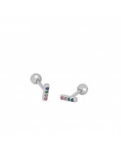 Piercing do ucha w kształcie linji z kolorowymi kryształkami. Piercing firmy Nube Jewels.