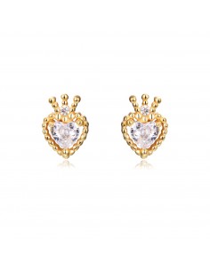 Pendientes corazones con circonita blanca grande. Pendientes de plata con baño de oro de Nube Jewels.