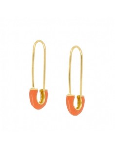 Pendientes imperdible con enamel naranja. Pendientes grandes de plata con baño de oro de Nube Jewels.