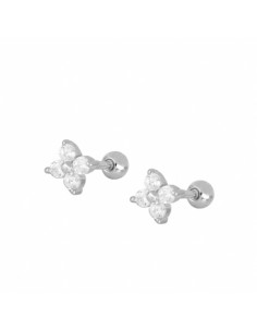 Piercing flor de cuatro pétalos de circonita blanca. Piercing de plata con cierre bola con rosca.