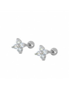 Piercing flor de cuatro pétalos de circonita azul. Piercing de plata con cierre bola con rosca.