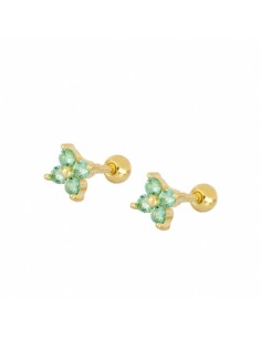 Piercing flor de cuatro pétalos de circonita verde. Piercing de plata con baño de oro, cierre bola con rosca.