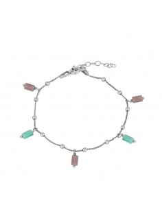 Pulsera con cadena de bolitas pequeñas y resina de colores turquesa y violeta. Pulsera de plata de marca Nube Jewels.