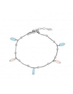 Pulsera con cadena de bolitas pequeñas y resina de colores azul y rosa. Pulsera de plata de marca Nube Jewels.