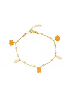 Pulsera con cadena de bolitas pequeñas y resina de colores naranja y beige. Pulsera de plata con baño de oro de Nube Jewels.