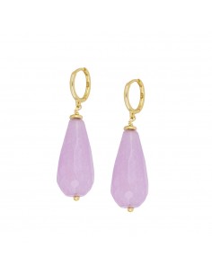 Aros pequeños con un colgante en forma de lágrima muy grande. Pendiente con piedra natural y de plata con baño de oro.