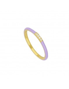 Anillo fino con enamel lila y cuatro circonitas blancas redondas. Anillo de plata con baño de oro de Nube Jewels.