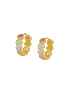 Pendientes aros, línea de caritas coloradas de plata con baño de oro de Nube Jewels.