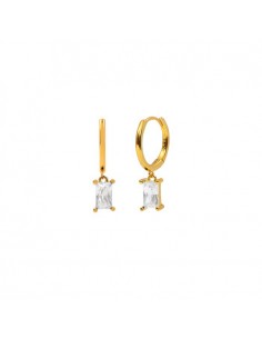 Pendientes aros medianos, lisos con una circonita blanca en forma de baguette. Pendientes de plata con baño de oro.
