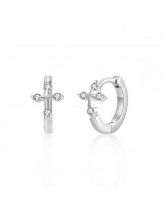 Pendientes aros con motivo de cruz y circonitas blancas. Pendientes de plata de Nube Jewels.